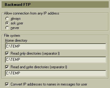 FTP server settings